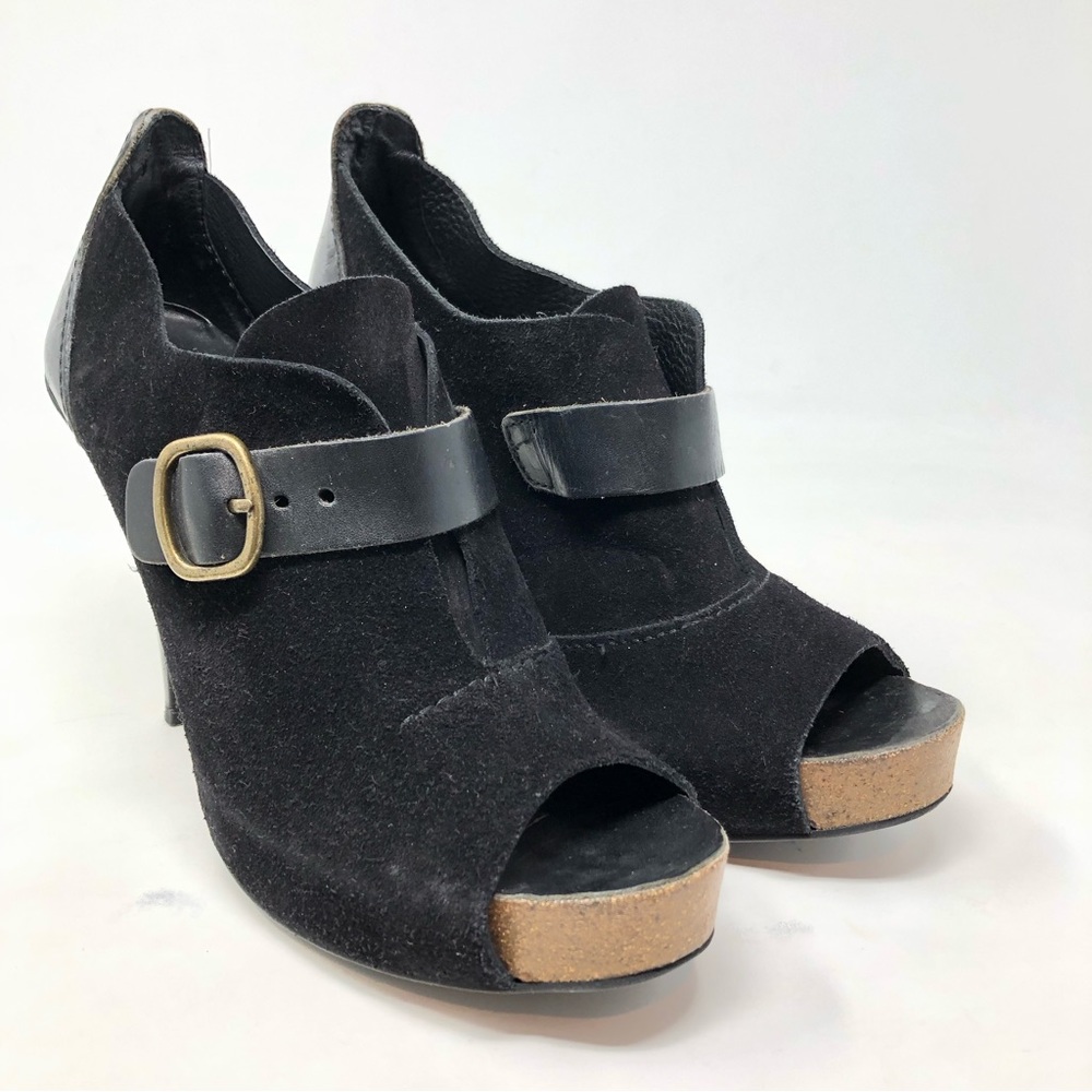 Pedro Garcia Black Suede and Leather Open Toe Heels